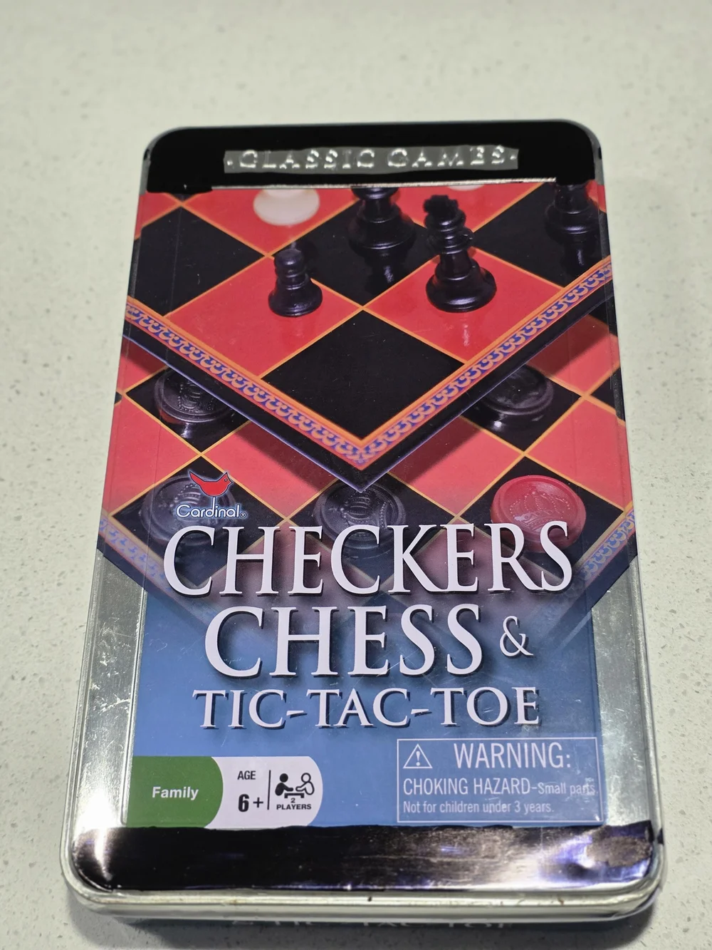 Board game set, Cardinal Checkers, Chess & Tic-Tac-Toe in tin box